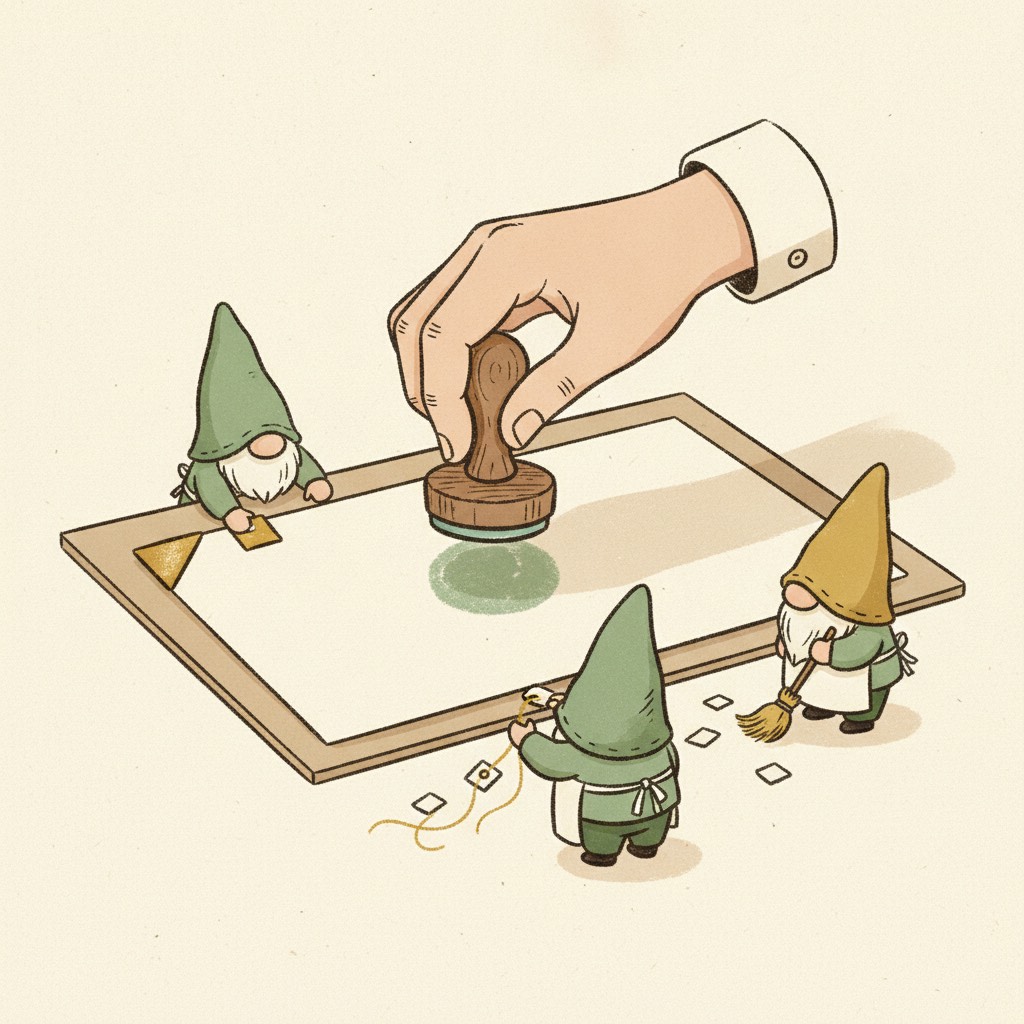Tiny workshop helpers prepare a listing while a human hand presses an approval stamp onto it