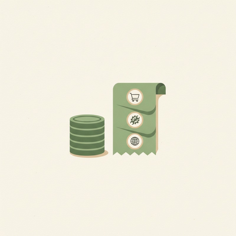 Editorial illustration: a stack of coins beside an itemised receipt.
