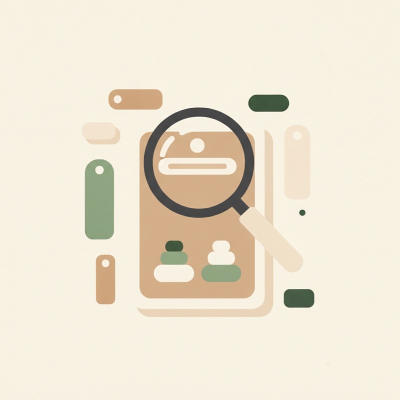 Editorial illustration: a magnifying glass over an Etsy listing card surrounded by tags.