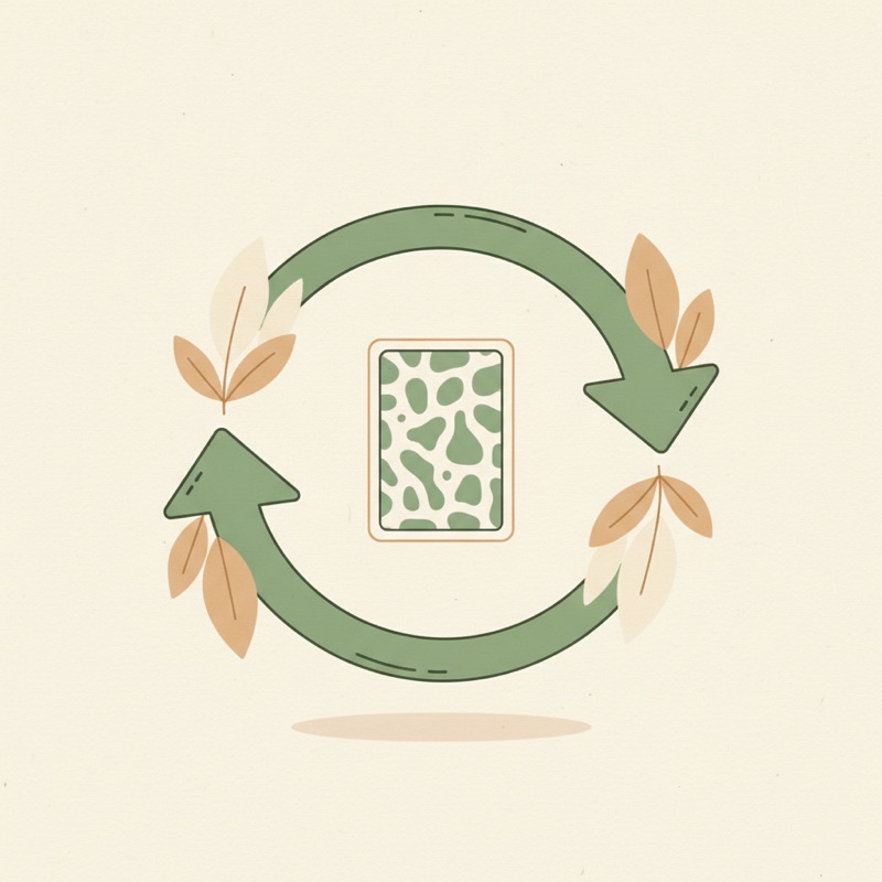 Editorial illustration: refresh arrows and leaves around a listing card.