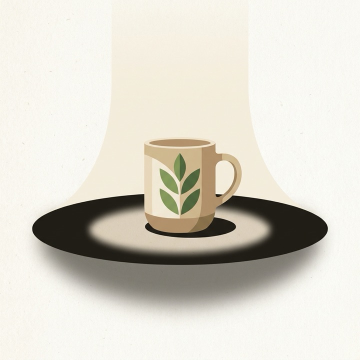 Illustration: a single mug under a soft studio spotlight — the main shot