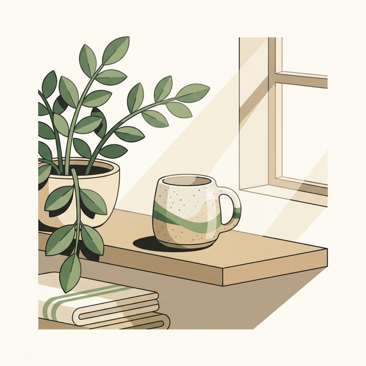 Illustration: a mug on a sunlit shelf beside a plant — in context