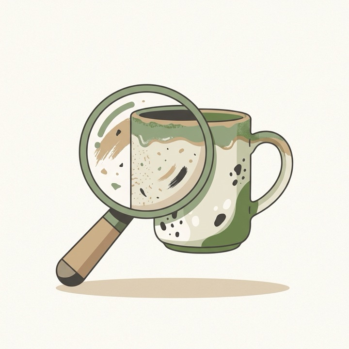 Illustration: a magnifier over a mug's glaze texture — detail close-up