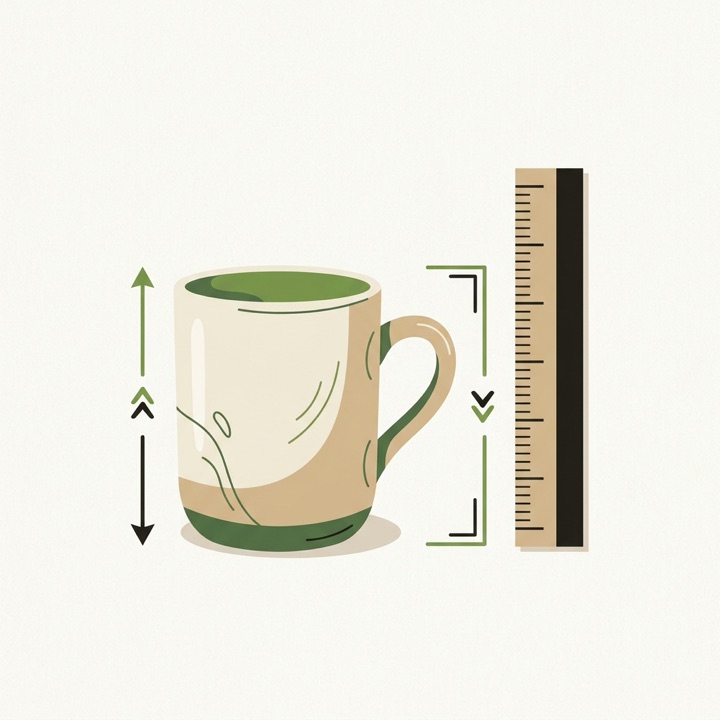 Illustration: a mug beside a ruler — scale and size