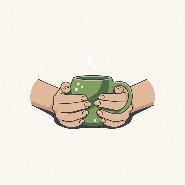 Illustration: two hands cupping a mug — in hand, with emotion