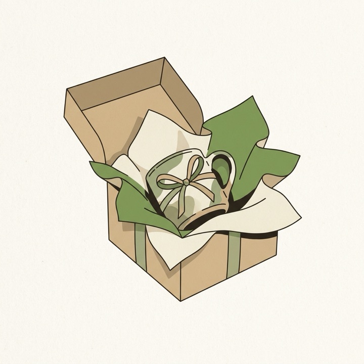 Illustration: a mug nestled in an open kraft gift box — packaging